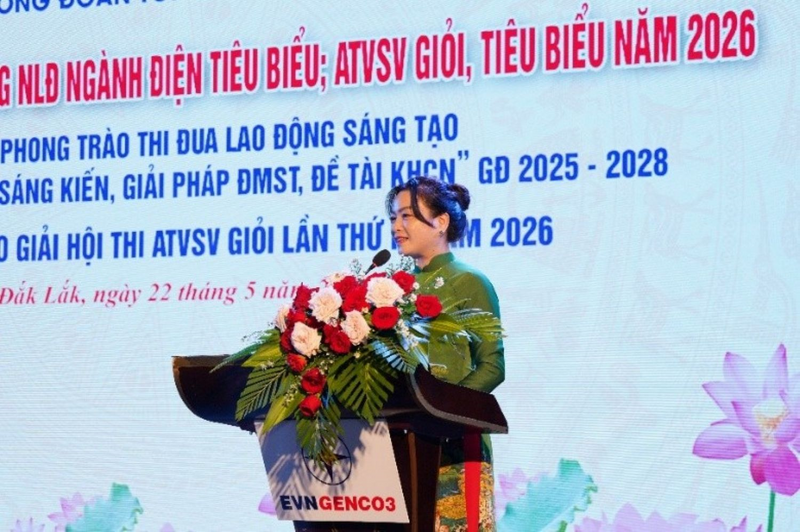 Bà Đinh Thị Thanh Bình - Phó Chủ tịch Công đoàn Điện lực Việt Nam phát biểu tại Lễ biểu dương.