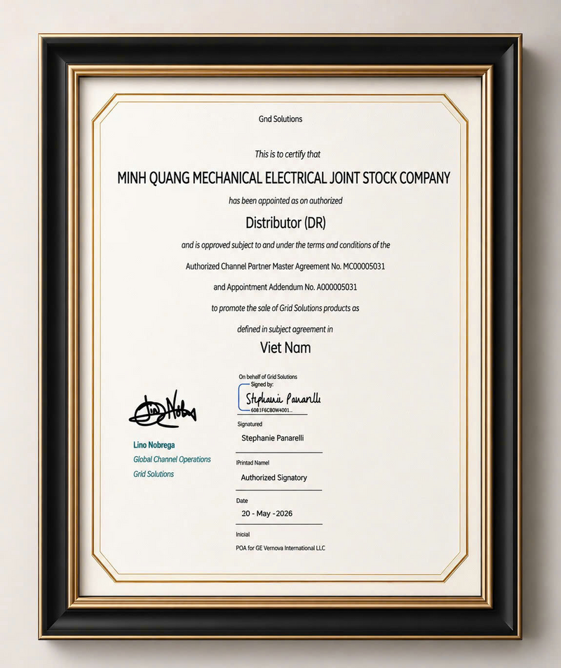 Chứng chỉ nhà phân phối bán hàng của Minh Quang được cấp bởi GE Vernova International LLC.