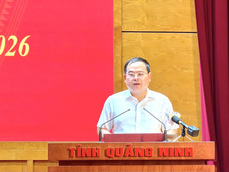 Đồng chí Quản Minh Cường, Bí thư Tỉnh ủy Quảng Ninh phát biểu tại hội nghị. Ảnh: QN