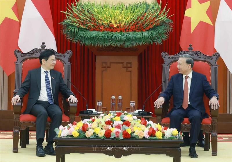 Tổng Bí thư Tô Lâm tiếp Thủ tướng Singapore, Tổng Thư ký Đảng Hành động Nhân dân Singapore (PAP) Lawrence Wong (26/3/2025). Ảnh: Thống Nhất/ TTXVN