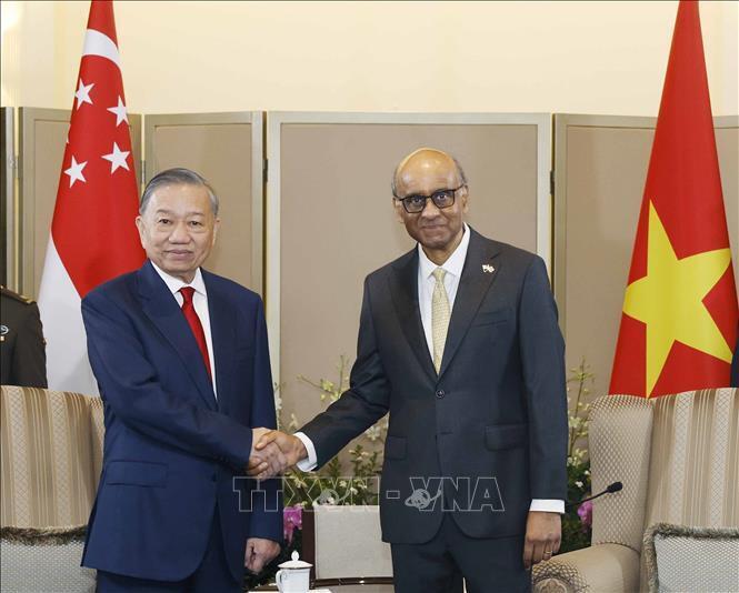 Ngay sau lễ đón, Tổng Bí thư, Chủ tịch nước Tô Lâm hội đàm với Tổng thống Singapore Tharman Shanmugaratnam. Ảnh: Thống Nhất/TTXVN