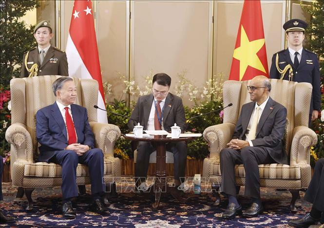 Ngay sau lễ đón, Tổng Bí thư, Chủ tịch nước Tô Lâm hội đàm với Tổng thống Singapore Tharman Shanmugaratnam. Ảnh: Thống Nhất/TTXVN