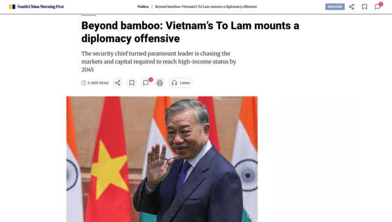 South China Morning Post đăng tải bài viết mang tiêu đề "Beyond bamboo: Vietnam's To Lam mounts a diplomacy offensive". Ảnh chụp lại từ South China Morning Post Publishers Ltd.