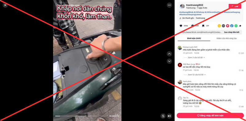 Một tài khoản Tiktok có tên trantruong802 cũng đăng tải nội dung không đúng sự thật về xăng E10 với gần 500k lượt xem trên nền tảng này và gần 1.000 lượt bình luận tiêu cực về loại nhiên liệu mới. Ảnh chụp màn hình