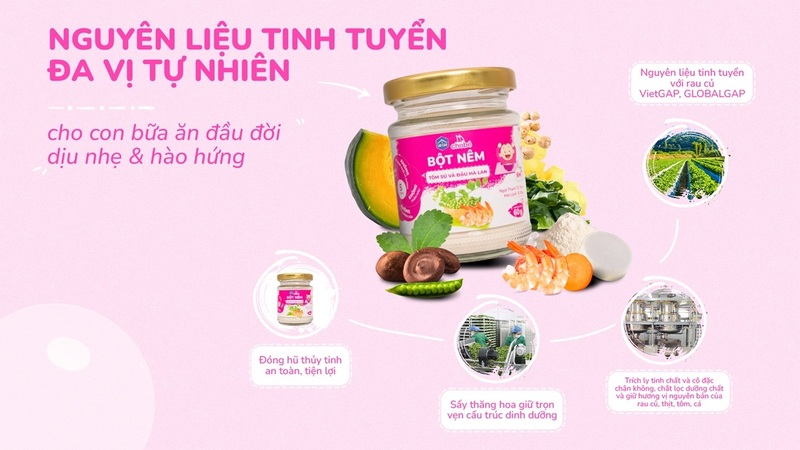 Thay vì sử dụng phụ gia để tạo vị, sản phẩm lựa chọn nguyên liệu tự nhiên như bí đỏ, cà rốt, rong biển, nấm đông cô, đậu gà, cá hồi, tôm sú, bò hay hạt sen nhằm tạo vị ngọt thanh tự nhiên cho món ăn của bé. Ảnh: Lê Gia
