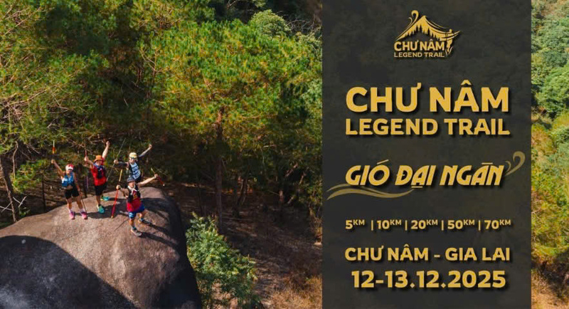Giải chạy địa hình khám phá núi Chư Nâm Legend Trail lần thứ I năm 2025 mở đăng ký từ ngày 31/3/2025 với 5 cự ly gồm 5 km, 10 km, 20 km, 50 km và 70 km; mức phí tham gia từ 455.000 đồng đến 1,715 triệu đồng. Ảnh: BTC