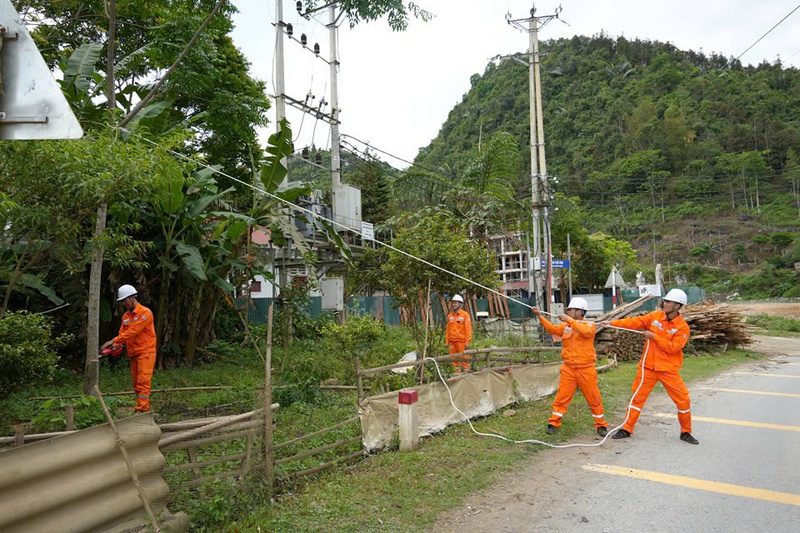 Nhân viên Công ty Điện lực Lào Cai xử lý cây cối có nguy cơ vi phạm hành lang an toàn lưới điện. Ảnh: NH