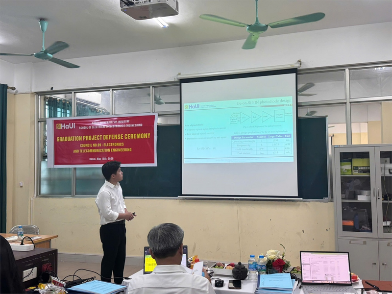 Chu Thế Khải trình bày đồ án tốt nghiệp bằng tiếng Anh trước hội đồng bảo vệ tại Trường Điện - Điện tử, Đại học Công nghiệp Hà Nội.