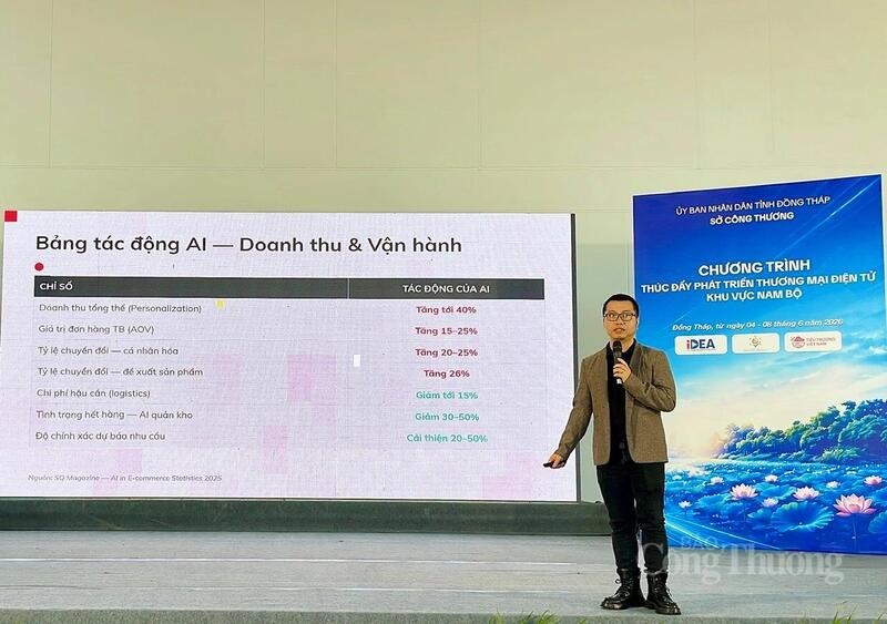 Ông Nguyễn Minh Đức - Giám đốc điều hành IM GROUP trình bày về ứng dụng trí tuệ nhân tạo trong kinh doanh. Ảnh: Khánh Ngọc.
