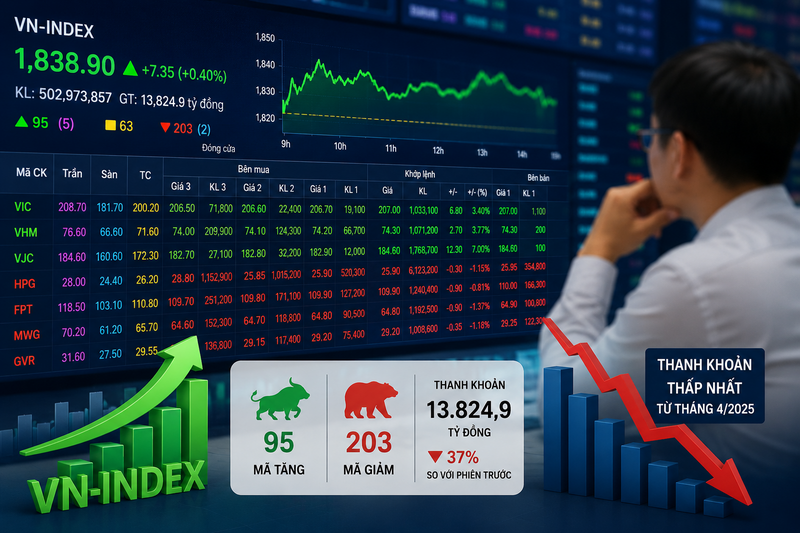 VN-Index tăng điểm nhưng thanh khoản xuống mức thấp nhất hơn một năm. (Ảnh minh hoạ)