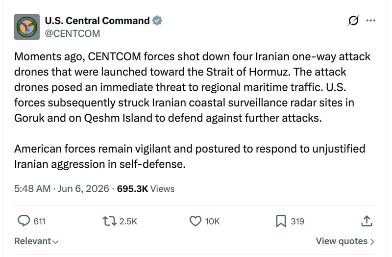 Bộ Tư lệnh Trung tâm Mỹ (CENTCOM) chia sẻ trên X.