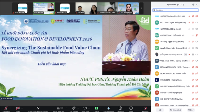 Cuộc thi Food Innovation and Development 2026 (FID 2026) với chủ đề “Kết nối sức mạnh chuỗi giá trị thực phẩm bền vững”, chính thức khởi động bằng lễ công bố diễn ra trên nền tảng thực tế ảo. Ảnh: HUIT