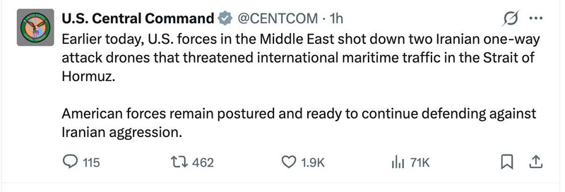 CENTCOM thông báo trên mạng xã hội X. Ảnh chụp màn hình.