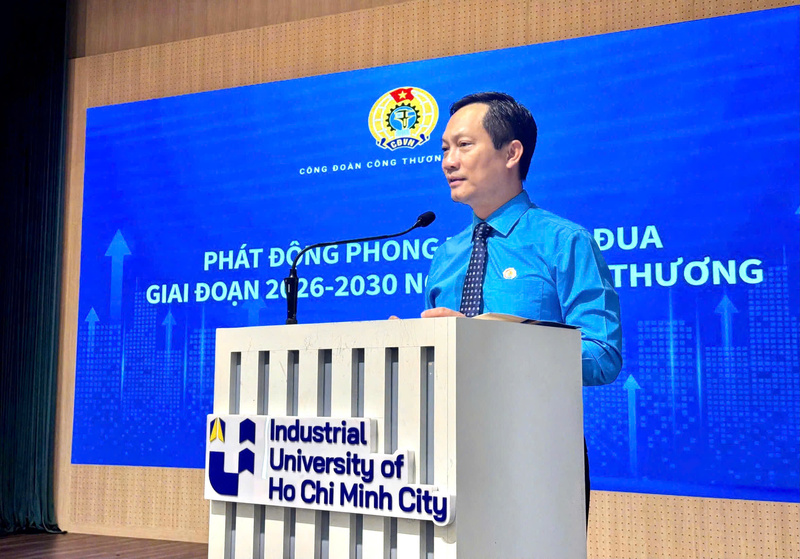 Ông Lê An Hải - Chủ tịch Công đoàn Công Thương Việt Nam phát biểu tại buổi lễ. Ảnh: Thùy Linh
