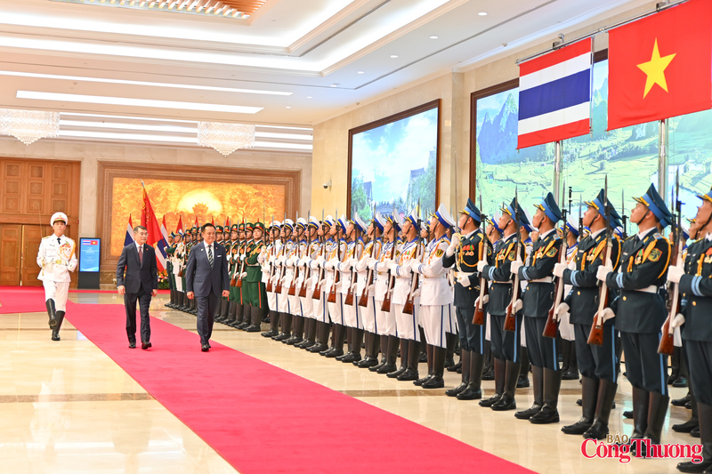 Sau khi nghe quân nhạc cử Quốc thiều hai nước, Thủ tướng Lê Minh Hưng và Thủ tướng Anutin Charnvirakul bước tới cúi chào quân kỳ và duyệt Đội danh dự Quân đội nhân dân Việt Nam.