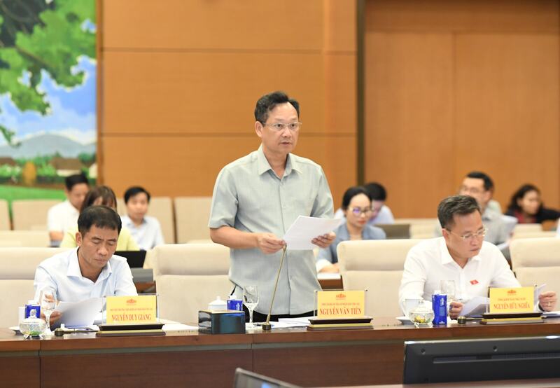 Phó Chánh án Tòa án nhân dân tối cao Nguyễn Văn Tiến trình bày Tờ trình dự án Nghị quyết. Ảnh: Lâm Hiển