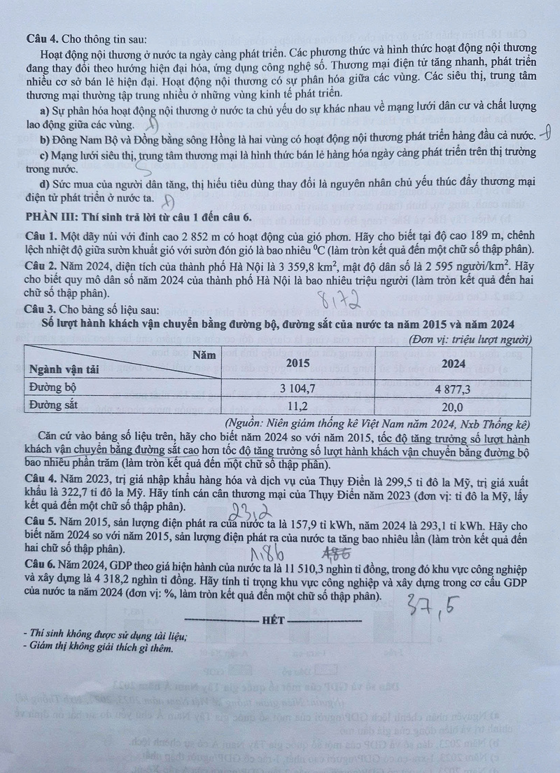 Đề thi môn Địa lý.