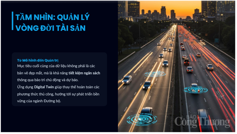Ứng dụng Digital Twin giúp thay thế hoàn toàn các phương thức thủ công, hướng tới sự phát triển bền vững của ngành Đường bộ. (Ảnh chụp từ Slide hội thảo)