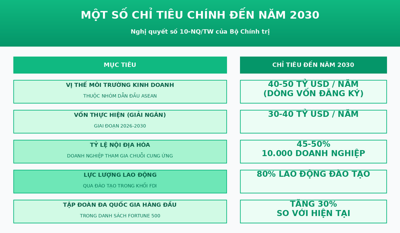 Nghị quyết số 10-NQ/TW của Bộ Chính trị về phát triển kinh tế có vốn đầu tư nước ngoài xác lập một bước chuyển tư duy căn bản: từ tư duy chủ yếu thu hút vốn sang tư duy phát triển nền tảng đầu tư chiến lược quốc gia; từ thu hút theo địa giới hành chính sang thu hút theo cụm ngành, chuỗi giá trị và hệ sinh thái đổi mới sáng tạo. Bảng phóng viên tổng hợp từ Nghị quyết 10.