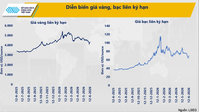 Diễn biến giá vàng, bạc liên kỳ hạn. Nguồn: MXV