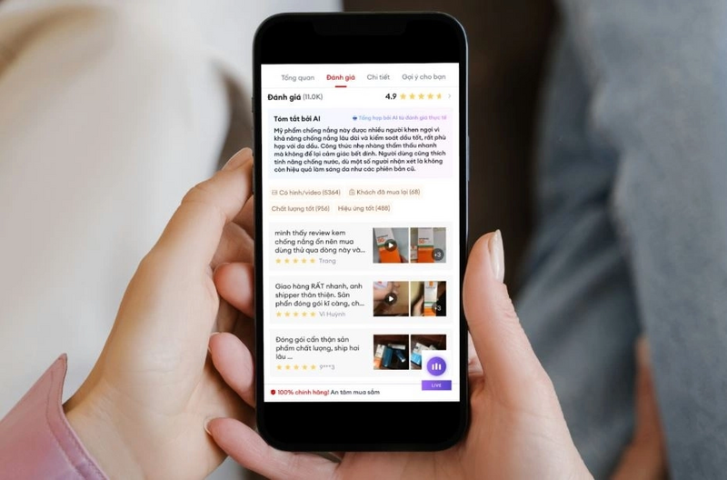 Tính năng AI đánh giá (AI Review) tổng hợp các đánh giá sản phẩm, từ đó giúp người dùng nhanh chóng đưa ra quyết định mua hàng