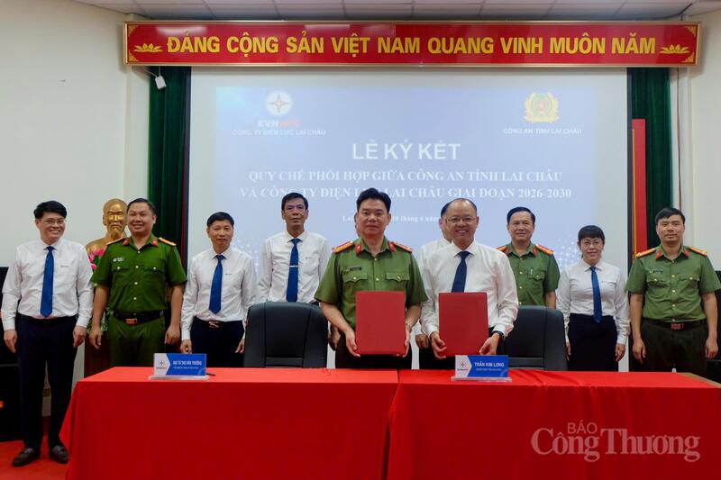 Công ty Điện lực Lai Châu và Công an tỉnh Lai Châu tiếp tục Ký kết quy chế phối hợp giai đoạn 2026 - 2030 đảm bảo an ninh, an toàn ngành điện.
