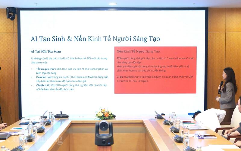 TS. Ngô Bích Ngọc, Trưởng khoa Truyền thông Đa phương tiện, Đại học Swinburne Việt Nam trình bày tham luận. Ảnh: Quang Hùng