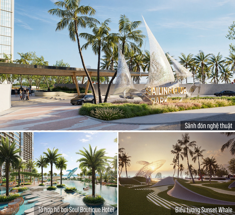Sailing Beach Club rộng gần 4.000m² với hồ bơi vô cực hơn 570m², quầy bar bãi biển và chuỗi sự kiện giải trí đặc quyền
