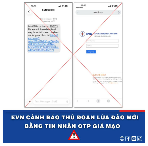 EVN cảnh báo thủ đoạn lừa đảo mới bằng tin nhắn OTP giả mạo.