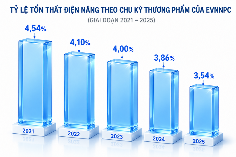 Tỷ lệ tổn thất điện năng theo chu kỳ thương phẩm giai đoạn 2021-2025. Ảnh: EVNNPC