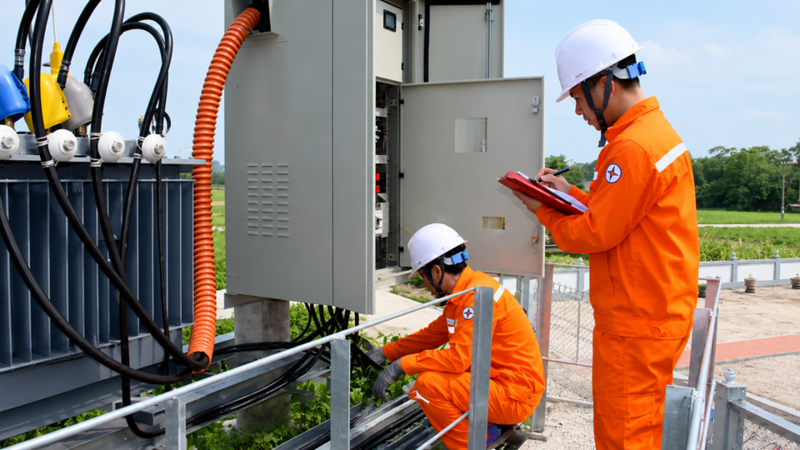 Nhân viên Công ty Điện lực Thái Nguyên kiểm tra, bảo dưỡng thiết bị nhằm nâng cao độ tin cậy cung cấp điện trong mùa nắng nóng. Ảnh: EVNNPC