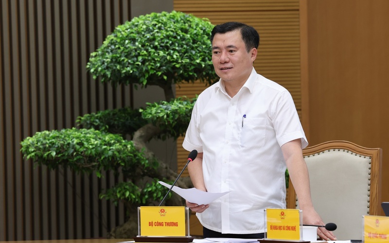 Thứ trưởng Bộ Công Thương Nguyễn Sinh Nhật Tân báo cáo tại cuộc họp. Ảnh: VGP