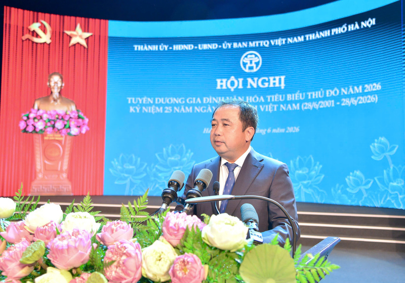Bí thư Thành ủy Hà Nội, Trưởng ban Chỉ đạo về phát triển văn hóa Thủ đô Hà Nội Trần Đức Thắng phát biểu tại hội nghị. Ảnh: H.N