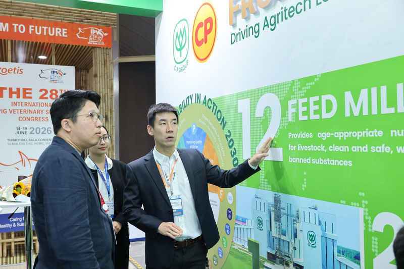 Đại diện C.P. Việt Nam giới thiệu mô hình tích hợp Feed - Farm - Food cho khách tham quan tại Hội nghị IPVS 2026. Ảnh: C.P. Việt Nam