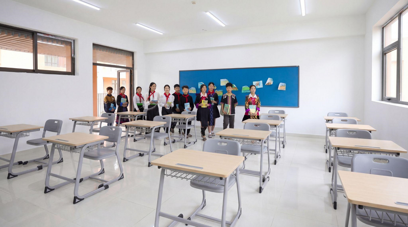Niềm vui cùng trường mới, lớp mới, bàn ghế mới tại các vùng biên giới. Ảnh: Nội thất The One