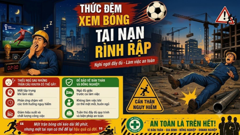 Chương trình đưa ra khuyến cáo về nguy cơ mất an toàn do thiếu ngủ khi thức khuya theo dõi các trận đấu tại World Cup 2026, khuyến nghị người lao động đảm bảo thời gian nghỉ ngơi để duy trì sức khỏe và sự tỉnh táo trong công việc. Ảnh: BSR