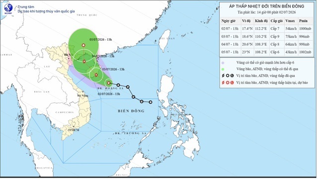 Dự báo vị trí, đường đi của áp thấp nhiệt đới. Ảnh: Trung tâm Dự báo khí tượng thủy văn Quốc gia