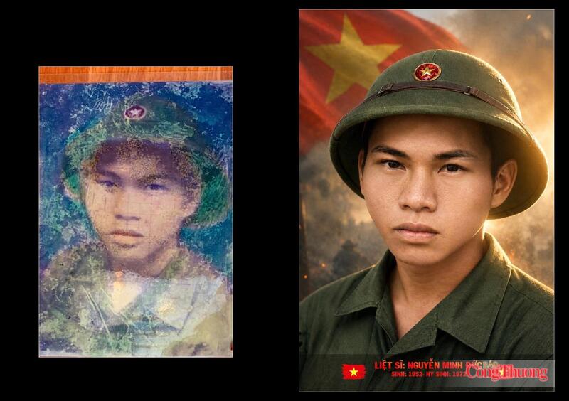 Từ bức ảnh mờ nhoè, anh Thắng đã lấy lại chi tiết, đường nét, cảm xúc trên khuôn mặt cho liệt sĩ Nguyễn Minh Đức. Ảnh: Quốc Anh