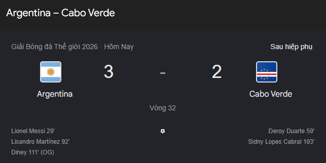 Argentina có chiến thắng nhọc nhằn 3-2 trước đội tuyển Cabo Verde.