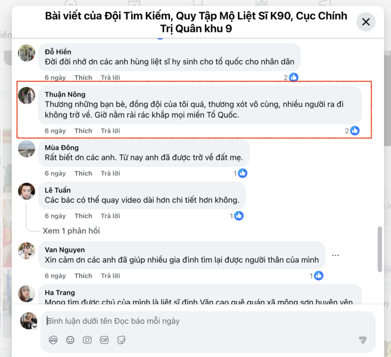 Facebook “Thuận Nông” để lại bình luận xót thương bạn bè, đồng đội. Ảnh chụp từ màn hình.