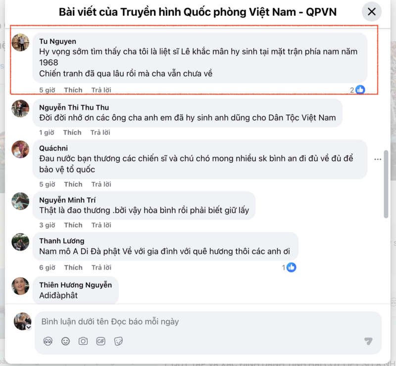Một người con viết tìm cha mình, liệt sĩ Lê Khắc Mân, hy sinh tại mặt trận phía Nam năm 1968, kèm câu ngắn gọn mà xót xa: “Chiến tranh đã qua lâu rồi mà cha vẫn chưa về.” Ảnh chụp màn hình.