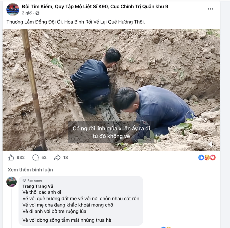 Một bạn đọc Trang Trang Vũ bình luận trong trang facebook Đội tìm kiếm, Quy tập mộ liệt sĩ K90, Cục chính trị Quân khu 9. Ảnh chụp màn hình