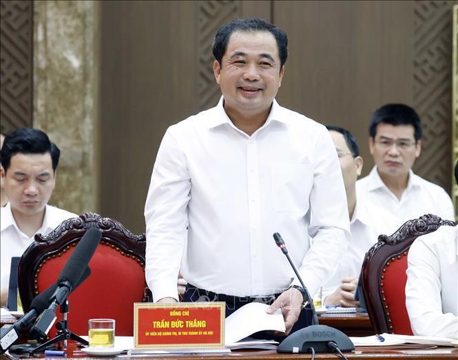 Đồng chí Trần Đức Thắng, Uỷ viên Bộ Chính trị, Bí thư Thành ủy Hà Nội phát biểu. Ảnh: Thống Nhất/TTXVN.