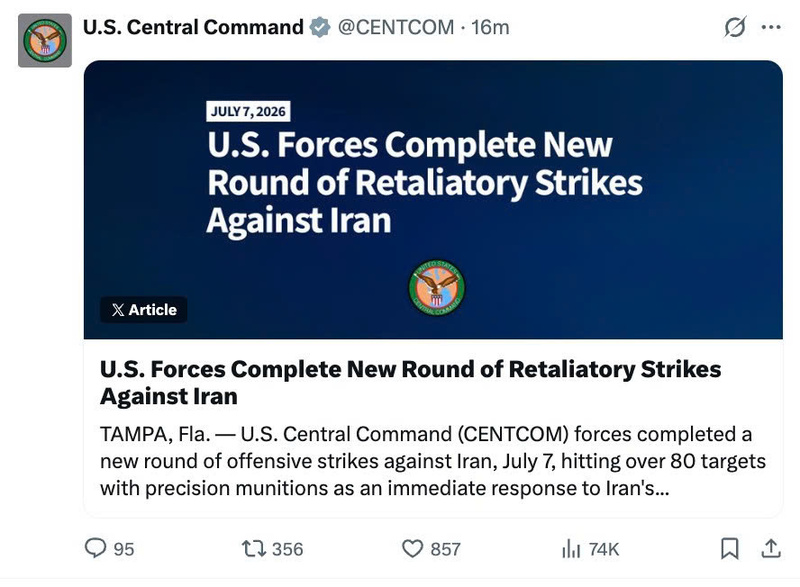 Bộ Tư lệnh Trung tâm Mỹ (CENTCOM) đăng tải trên nền tảng X. Ảnh chụp màn hình