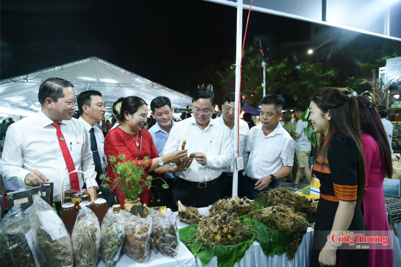 Các đại biểu tham quan gian hàng trưng bày, giới thiệu sâm Ngọc Linh xã Trà Linh