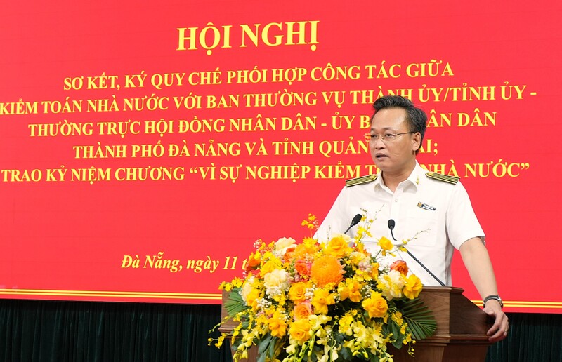 Tổng Kiểm toán nhà nước Nguyễn Hữu Nghĩa phát biểu tại buổi lễ. Ảnh: SAV