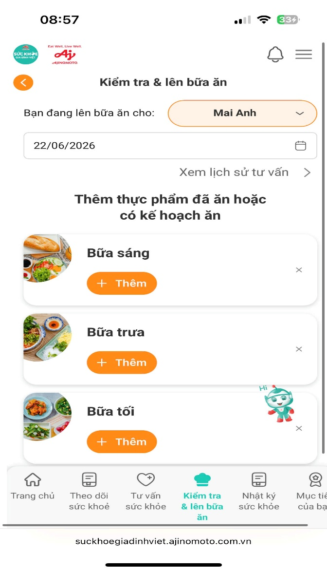Giao diện chức năng kiểm tra và lên bữa ăn