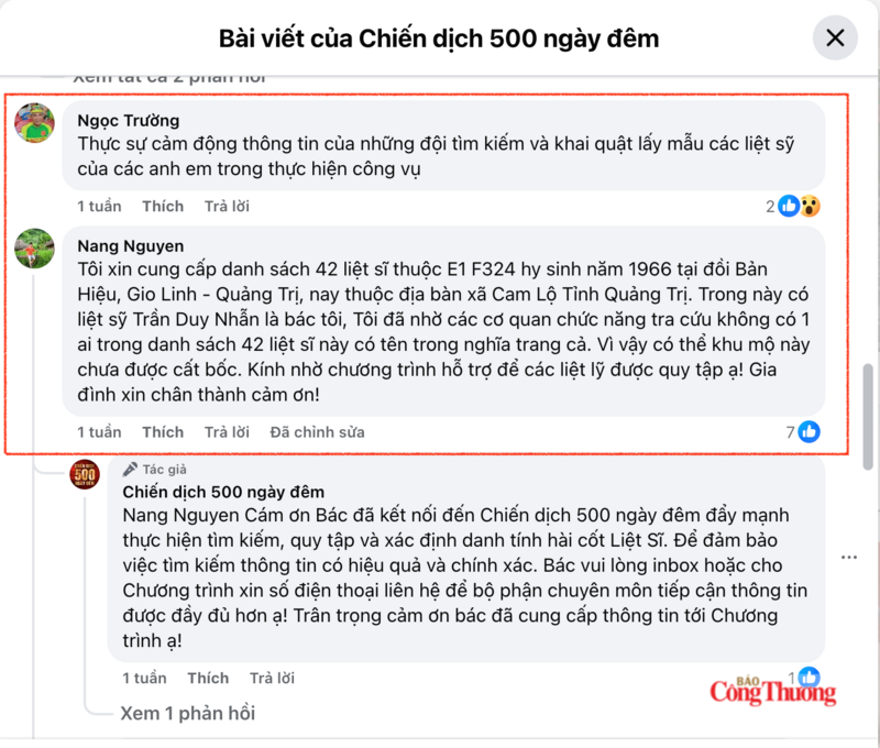 Nhiều bình luận và chia sẻ của thân nhân liệt sĩ và đồng bào cả nước. Ảnh chụp màn hình.