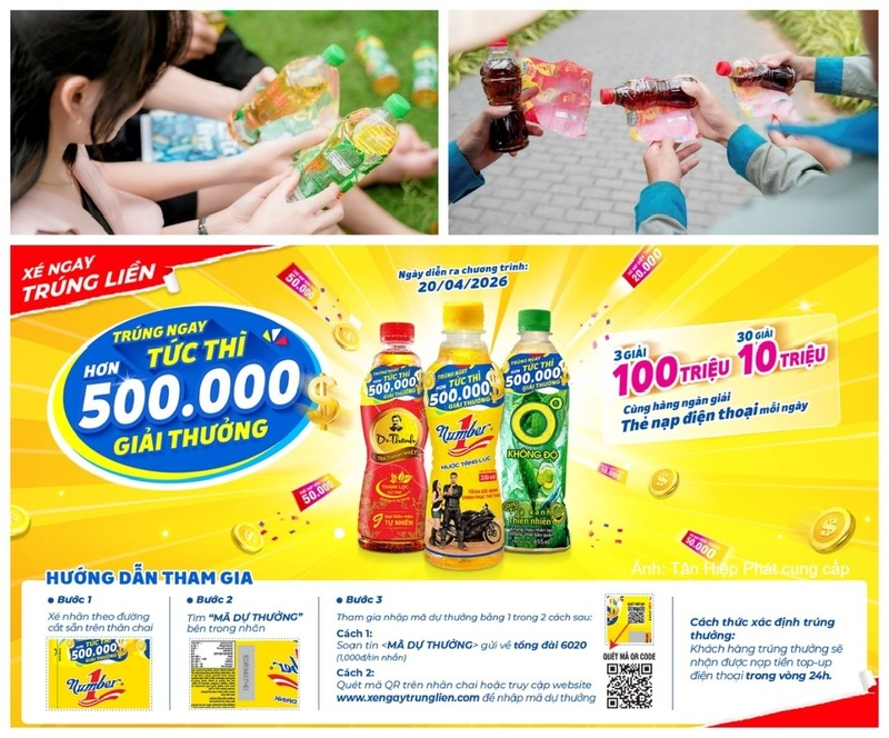 Chọn các sản phẩm Trà Dr Thanh, Trà Xanh Không Độ và Nước tăng lực Number 1 có thông tin khuyến mãi, xé nhãn lấy mã và tham gia chương trình "Xé ngay trúng liền", người tiêu dùng có cơ hội nhận gần 150.000 giải thưởng thẻ nạp điện thoại còn lại cùng 2 giải Đặc biệt, mỗi giải trị giá 100 triệu đồng tiền mặt trong hè này. Nguồn ảnh: Tân Hiệp Phát