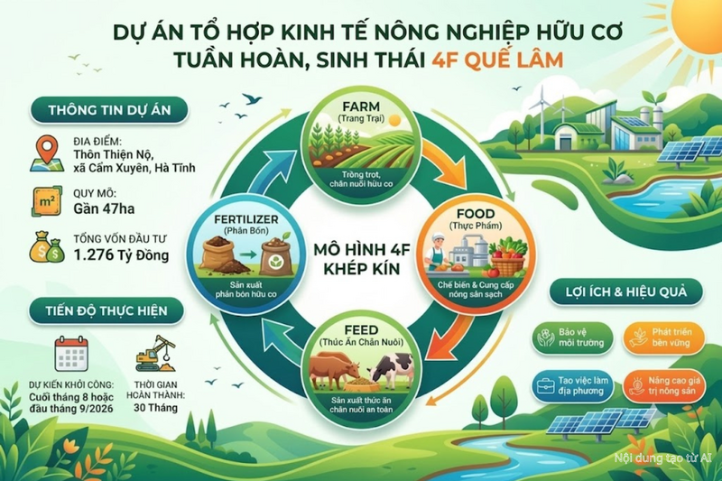 Dự án Tổ hợp kinh tế nông nghiệp hữu cơ tuần hoàn, sinh thái 4F Quế Lâm tại thôn Thiện Nộ, xã Cẩm Xuyên với quy mô gần 47ha. Ảnh tạo từ AI
